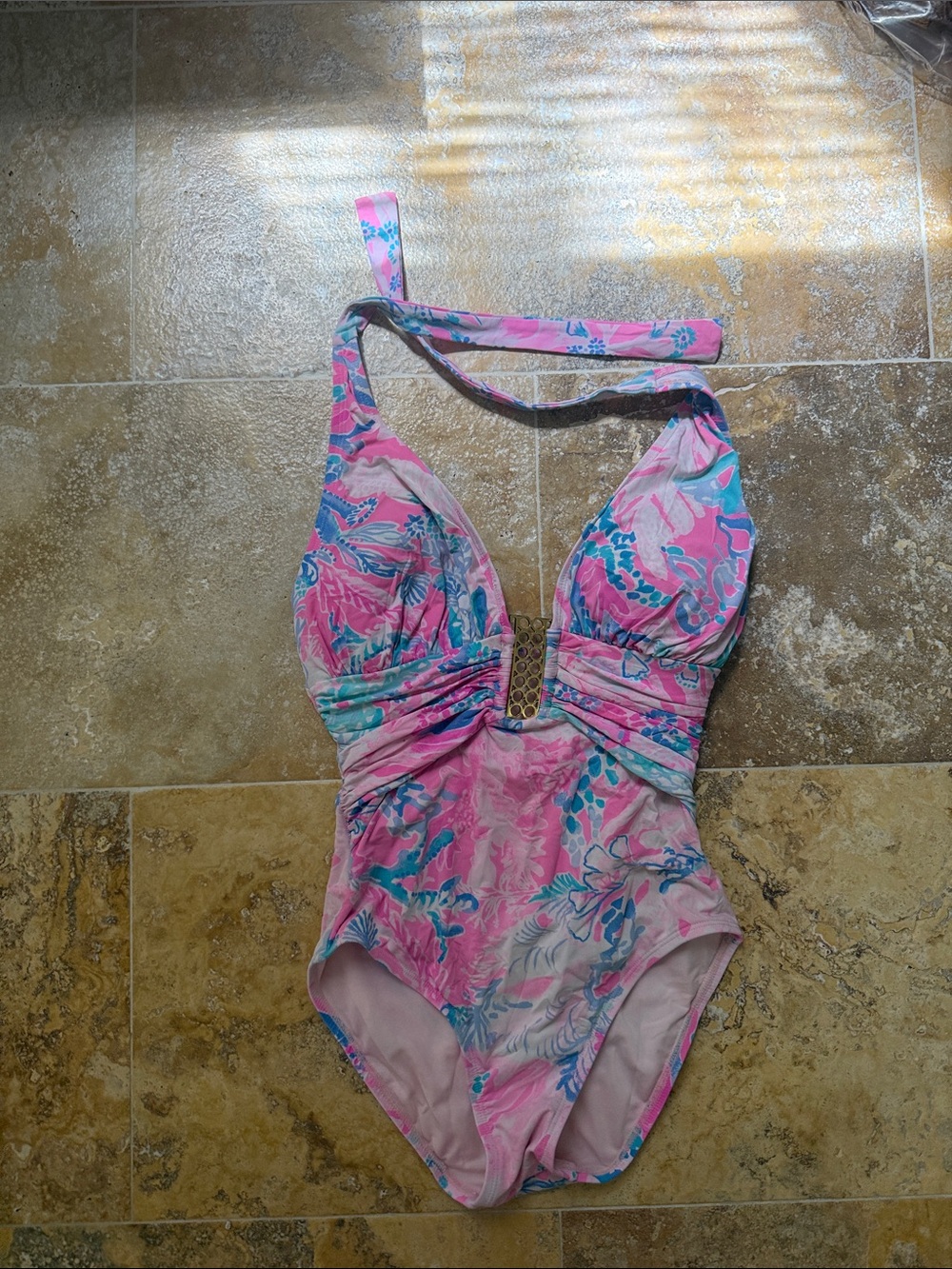 Lilly Pulitzer Pink & Aqua Floral Halter One-Piece Swimsuit